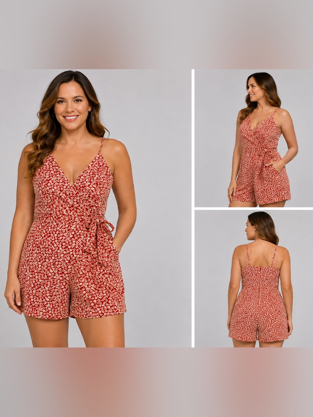 She + Sky Orange Floral Romper Women’s Medium Wrap Style Tie Waist